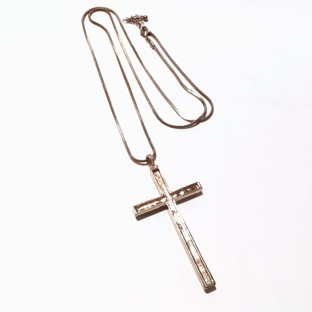 Large Gold Tone Rhinestone Cross Pendant Necklace 32 Inch - Picture 7 of 7